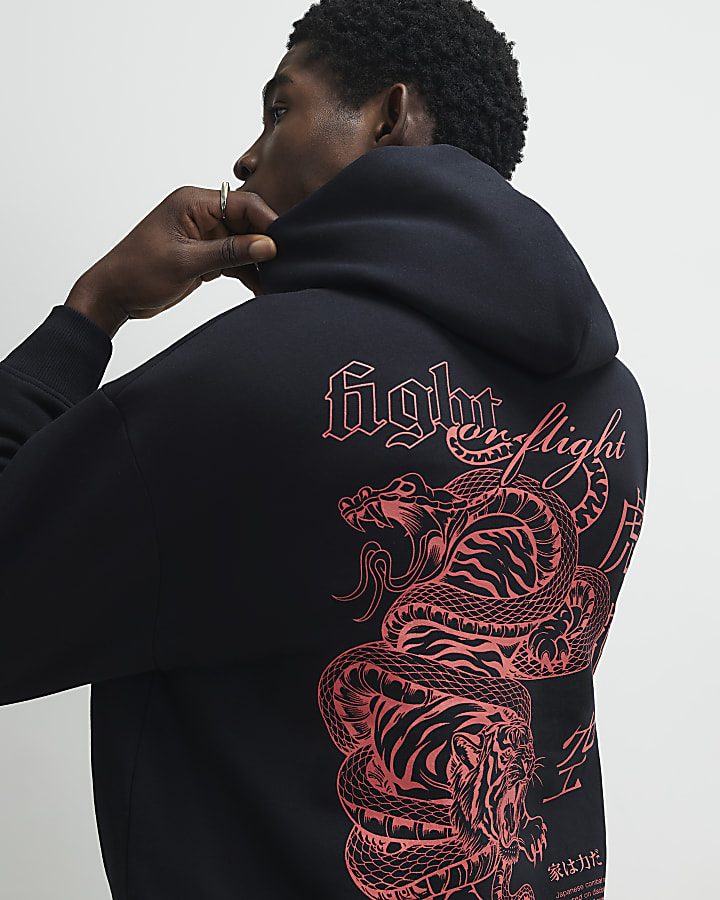 Black Regular Fit Fight Snake Hoodie