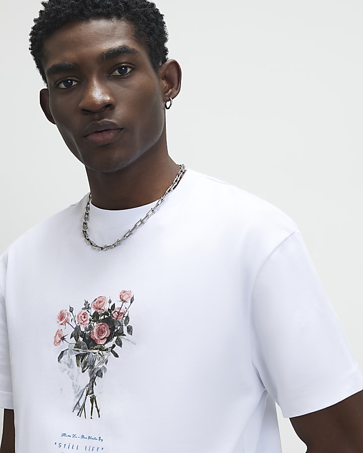 White Oversized Fit Flower T-Shirt