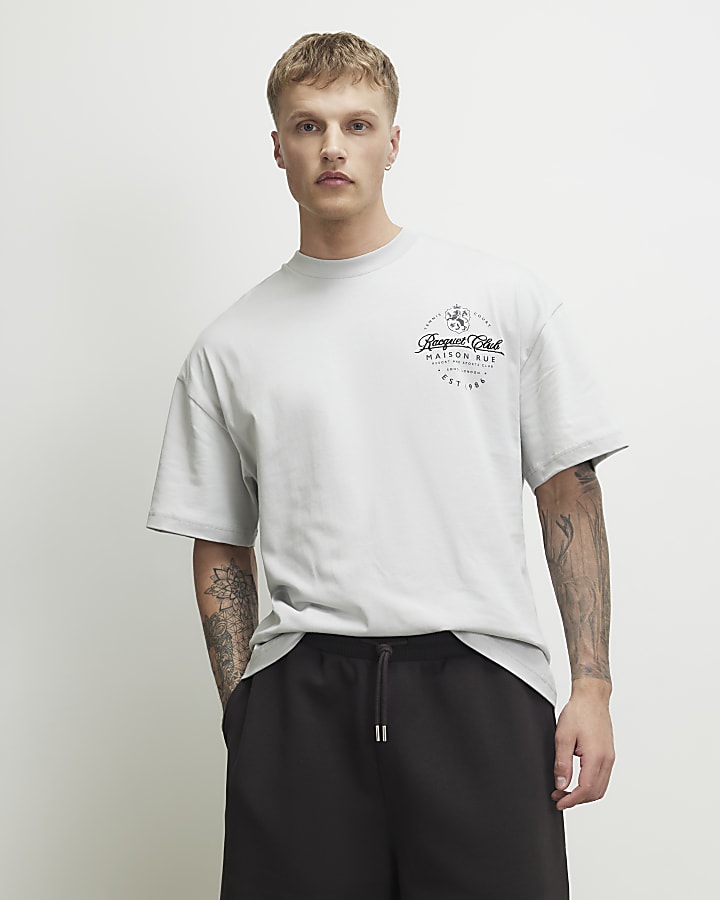 Grey Oversized Fit Racquet Club Crest T-shirt