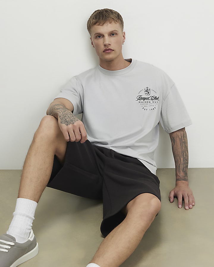 Grey Oversized Fit Racquet Club Crest T-shirt