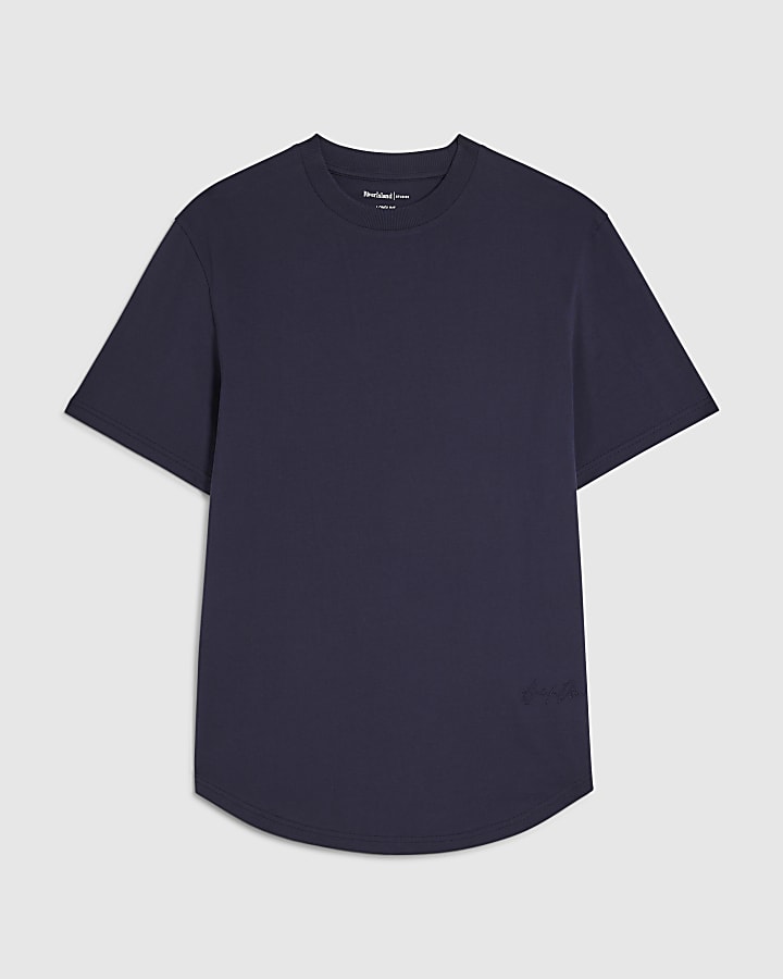 Navy Regular Fit Cotton Curve Hem T-Shirt