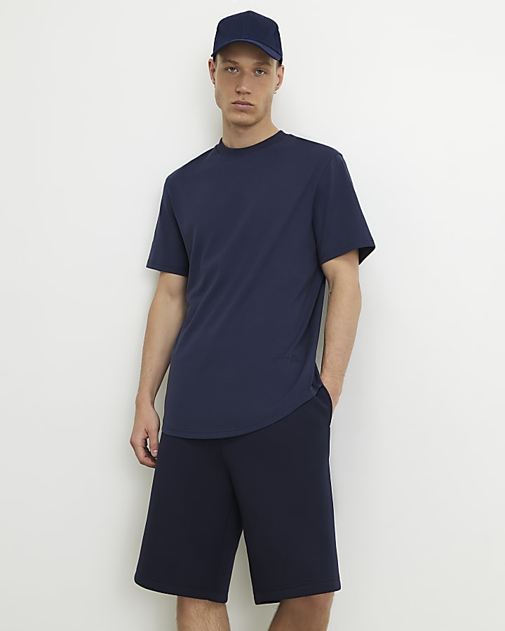 Navy Regular Fit Cotton Curve Hem T-Shirt