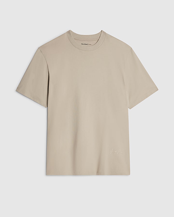 Beige Regular Fit Cotton Curve Hem T-Shirt
