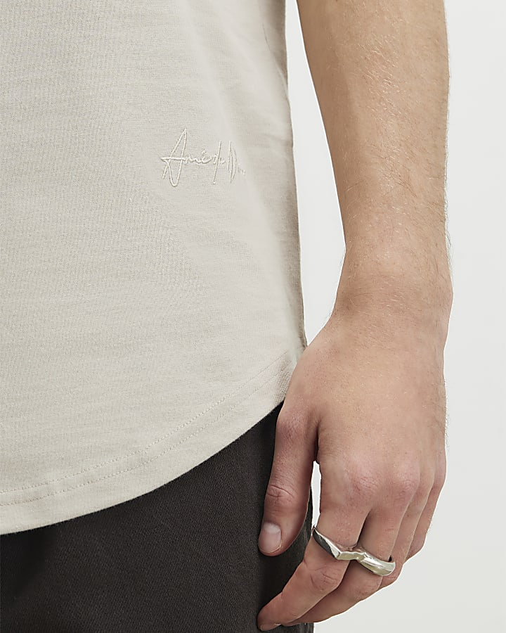 Beige Regular Fit Cotton Curve Hem T-Shirt