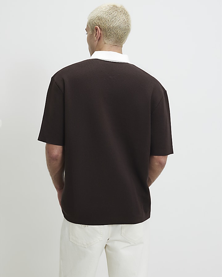 Brown Cotton Knitted Embroidered Rugby Shirt