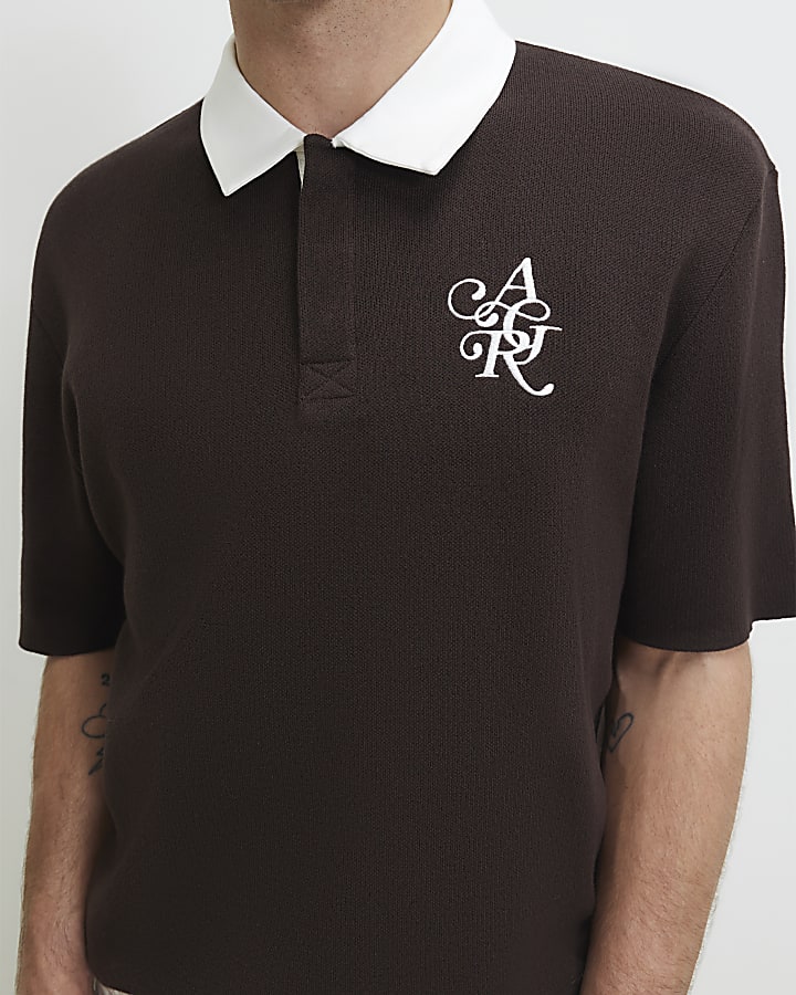 Brown Cotton Knitted Embroidered Rugby Shirt