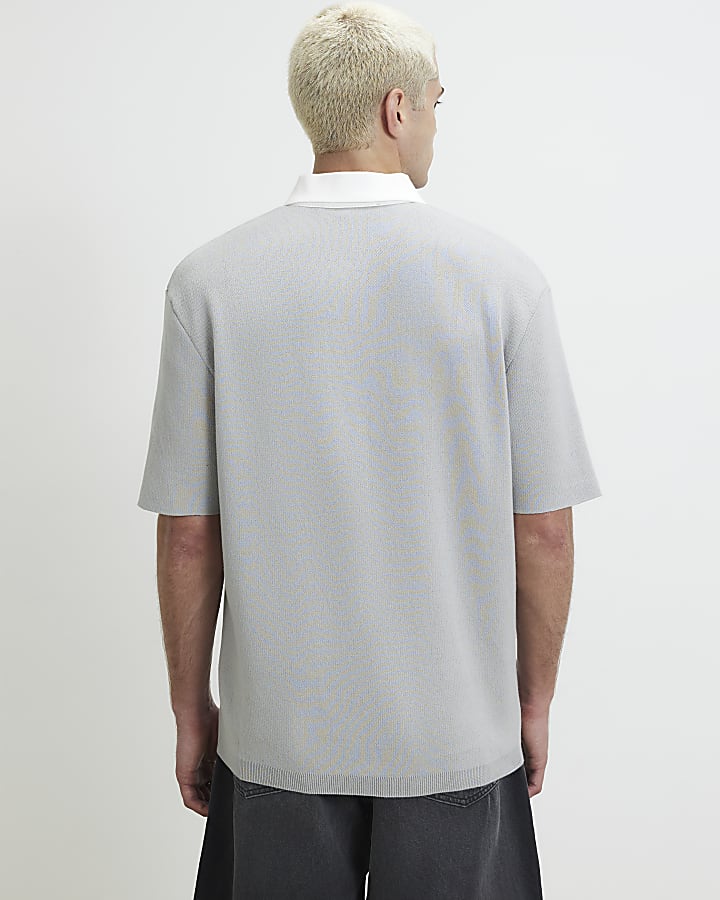 Grey Cotton Knitted Rugby Shirt
