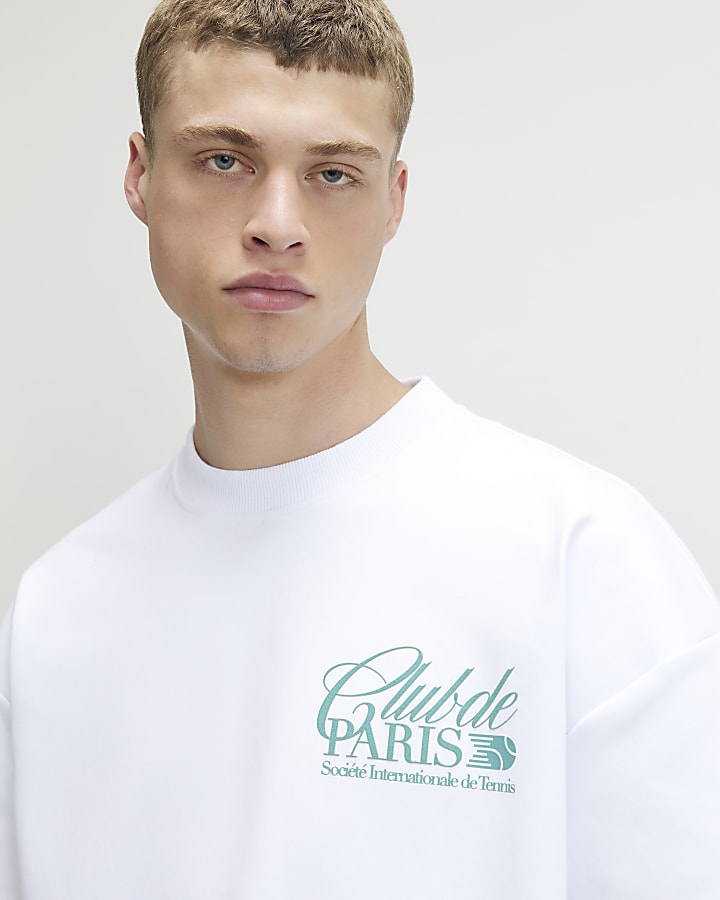 White Oversized Fit Club Paris Tennis T-Shirt