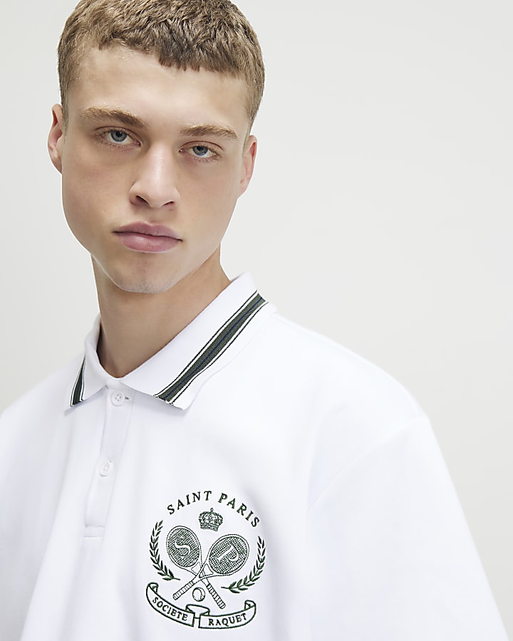 White Oversized Fit Tennis Crest Polo Shirt