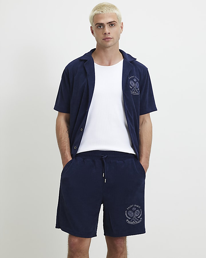 Navy Regular Fit Towelling Tennis Shorts