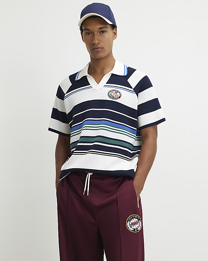 White Stripe Badge Open Collar Shirt