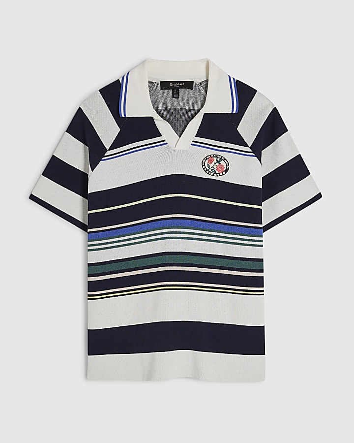 White Stripe Badge Open Collar Shirt