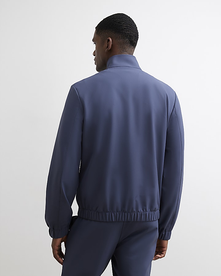 Blue Slim Fit Funnel Neck Long Sleeve Jacket