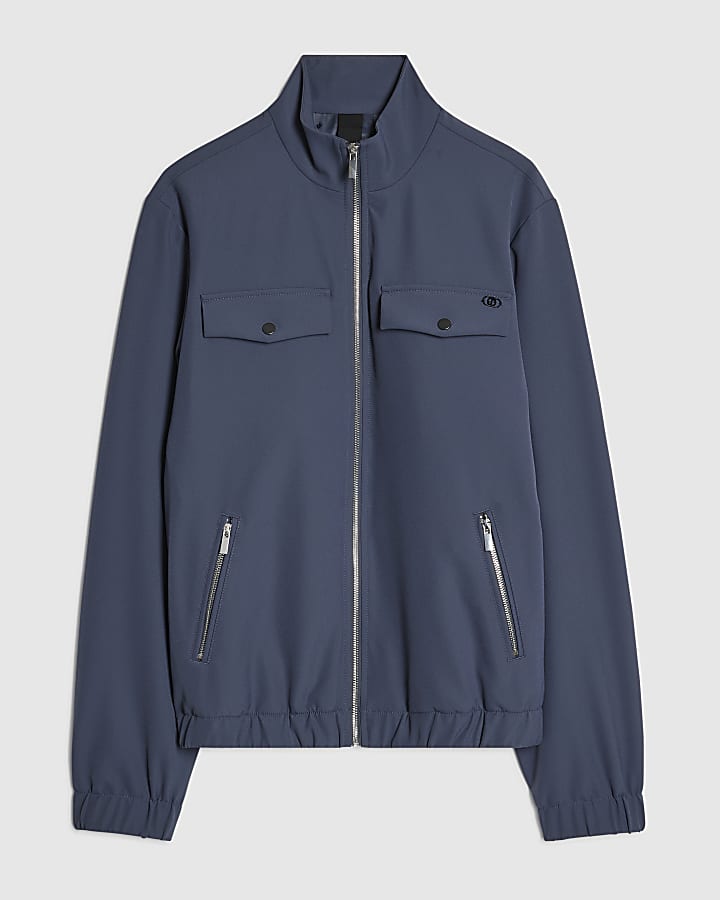 Blue Slim Fit Funnel Neck Long Sleeve Jacket