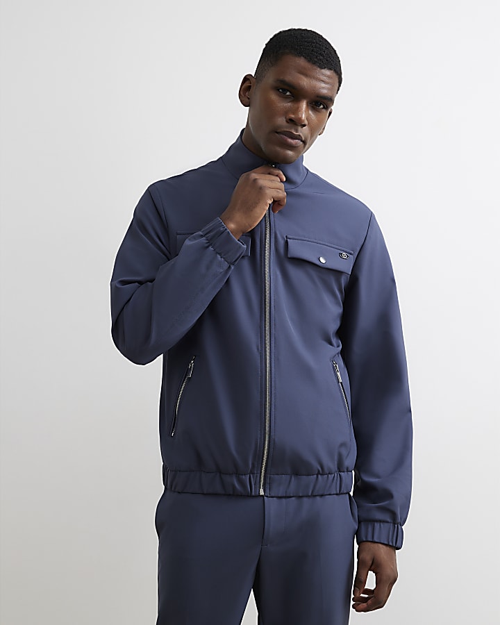 Blue Slim Fit Funnel Neck Long Sleeve Jacket