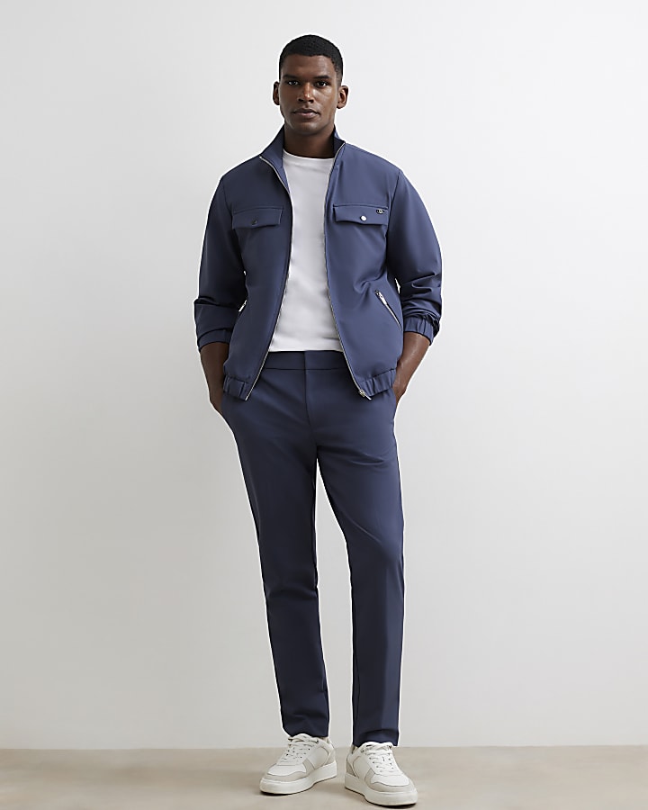 Blue Slim Fit Funnel Neck Long Sleeve Jacket