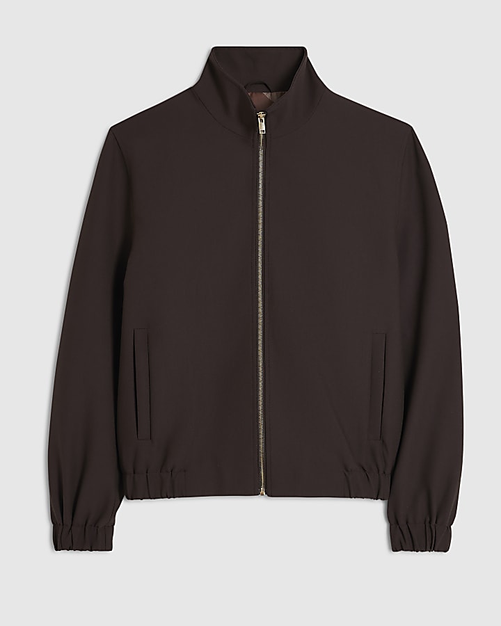 Brown Funnel Neck Smart Jacket