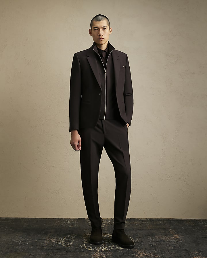 Brown Funnel Neck Smart Jacket