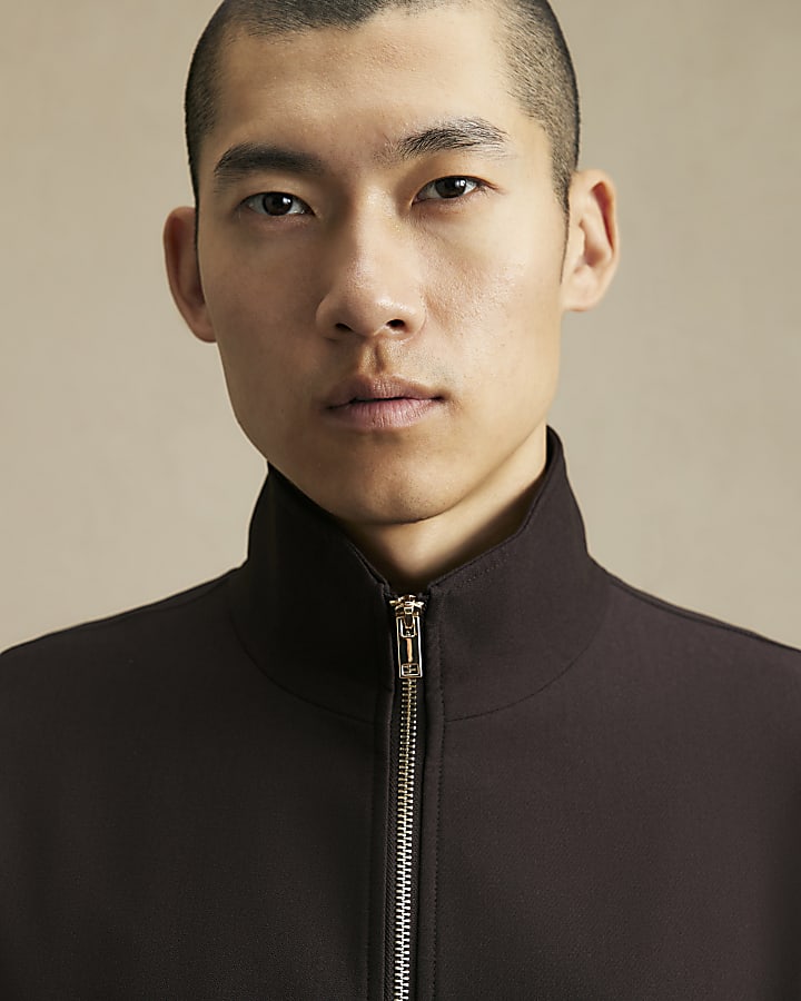 Brown Funnel Neck Smart Jacket