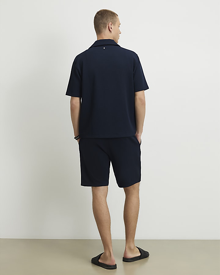 Navy Slim Fit Textured Shorts