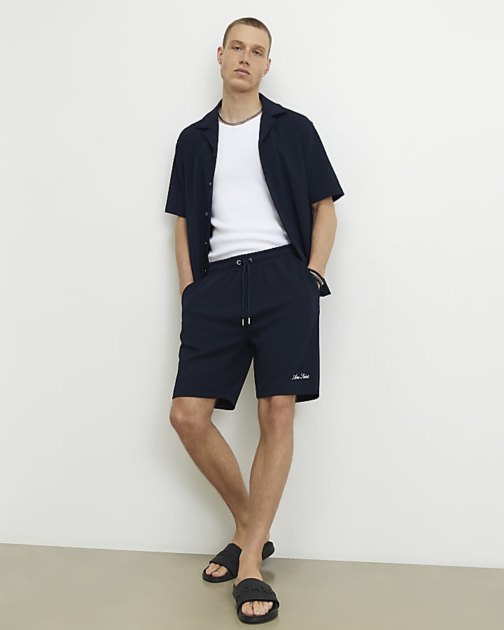 Navy Slim Fit Textured Shorts