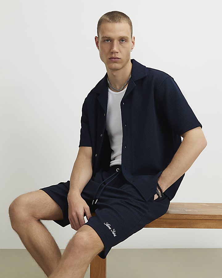 Navy Slim Fit Textured Shorts