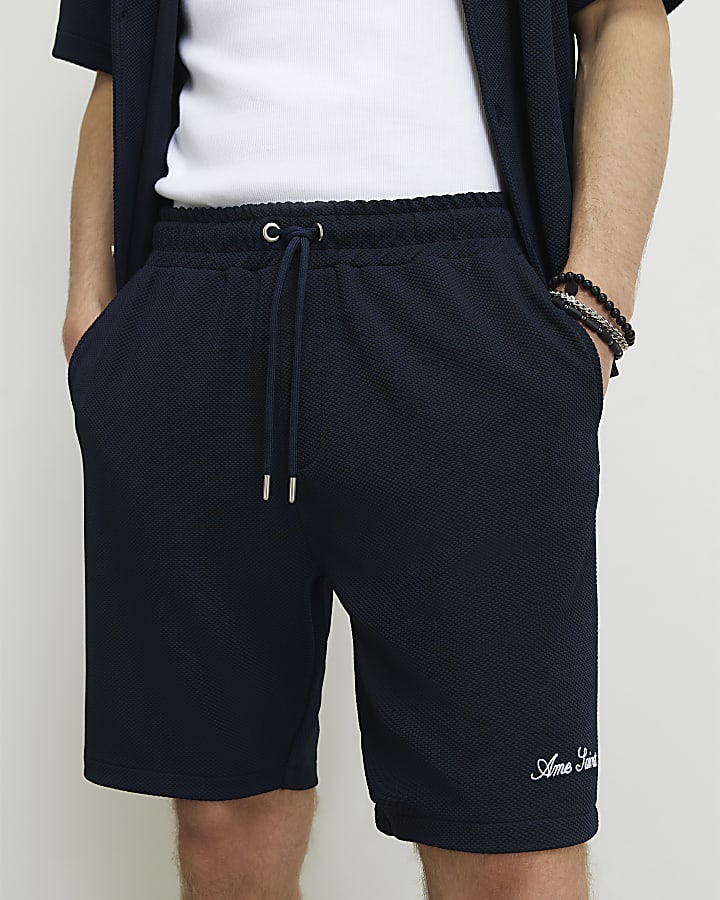 Navy Slim Fit Textured Shorts