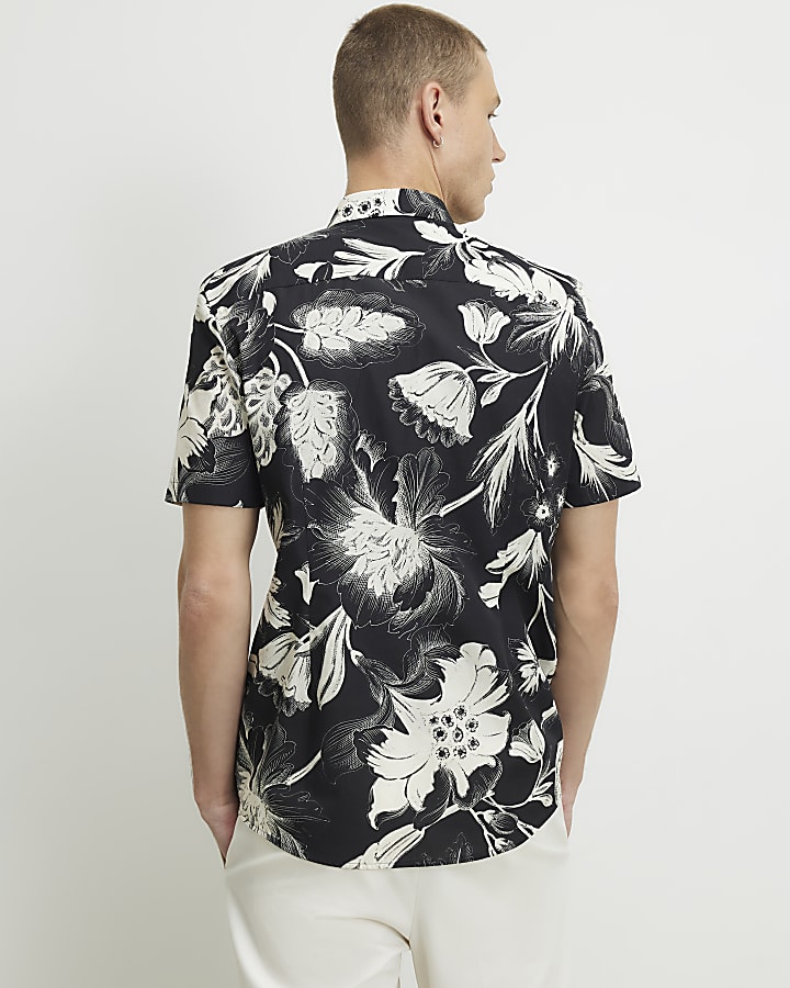 Black Slim Fit Floral Print Shirt