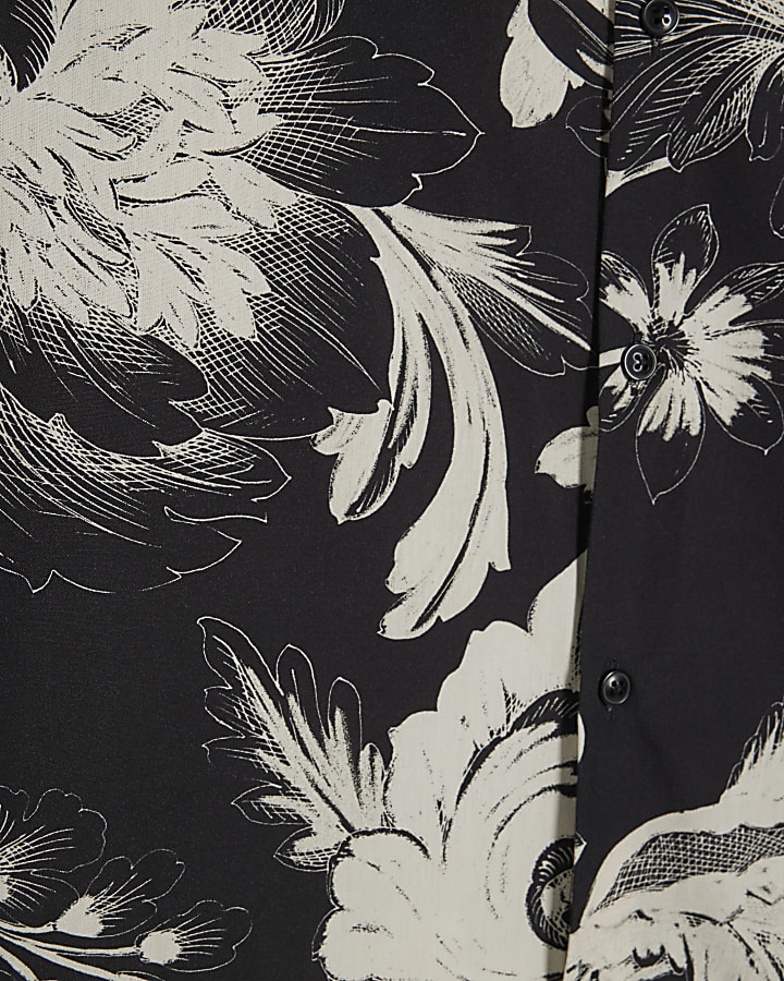 Black Slim Fit Floral Print Cotton Shirt