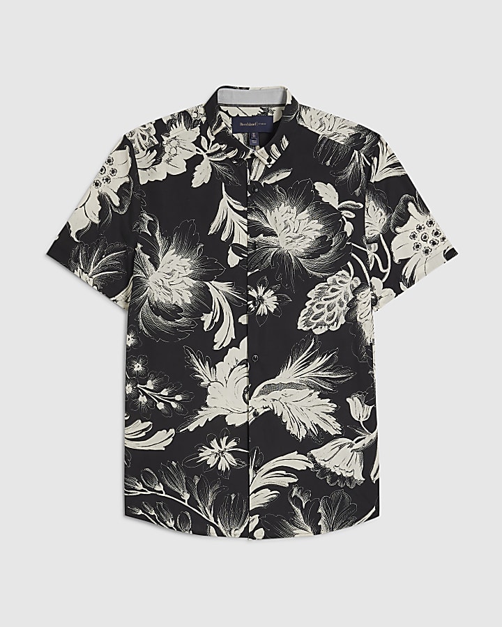 Black Slim Fit Floral Print Cotton Shirt