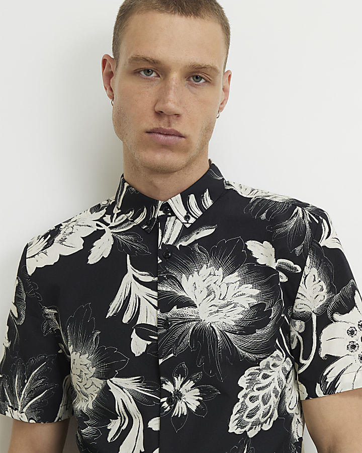 Black Slim Fit Floral Print Shirt