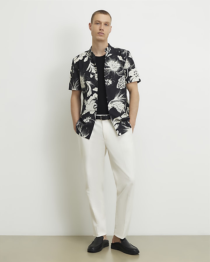 Black Slim Fit Floral Print Shirt