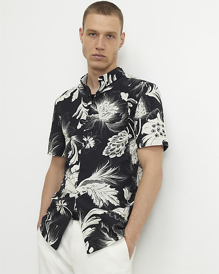 Black Slim Fit Floral Print Shirt