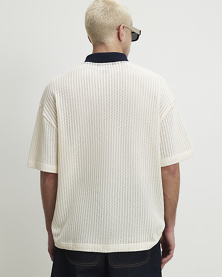 Cream Oversized Fit Stripe Crochet Polo Shirt
