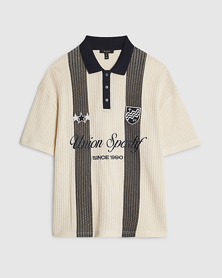 Cream Oversized Fit Stripe Crochet Polo Shirt