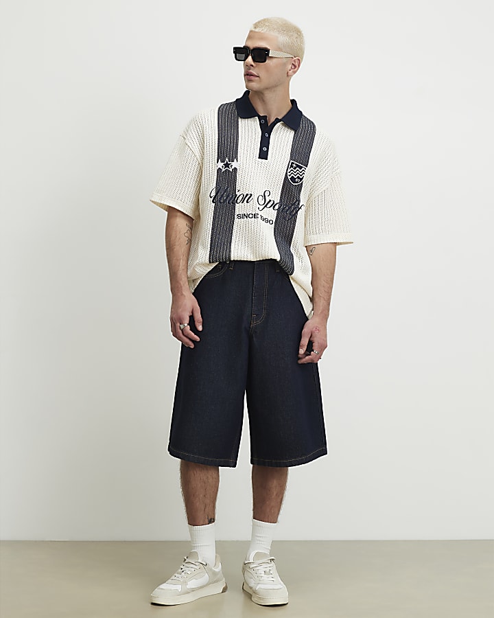 Cream Oversized Fit Stripe Crochet Polo Shirt