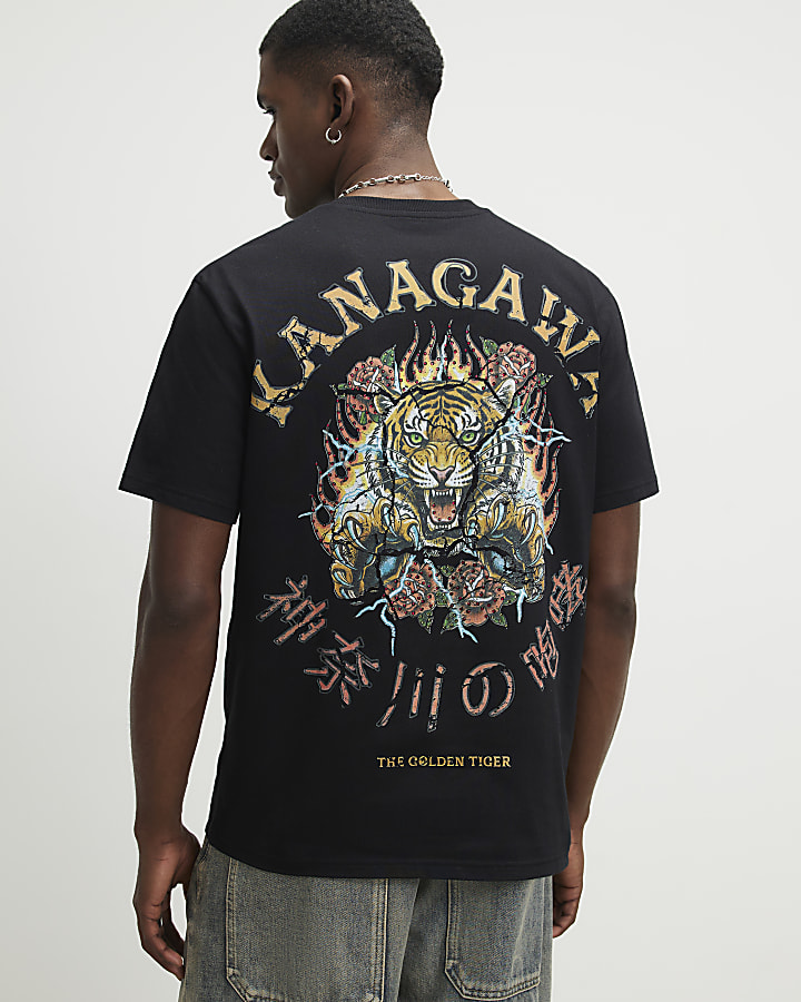 Black Regular Fit Rhinestone Tiger T-Shirt