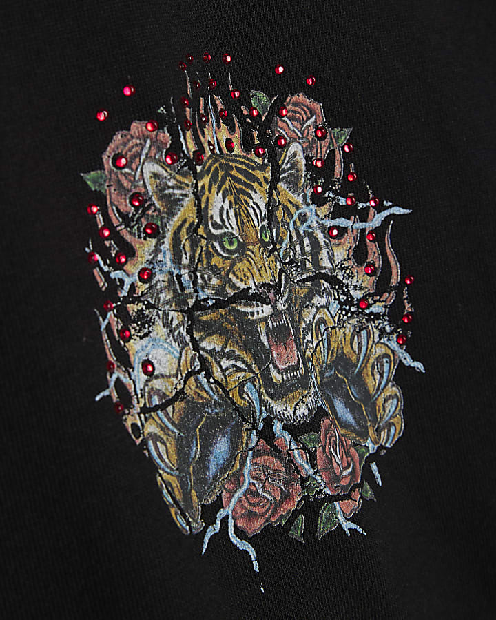 Black Regular Fit Rhinestone Tiger T-Shirt