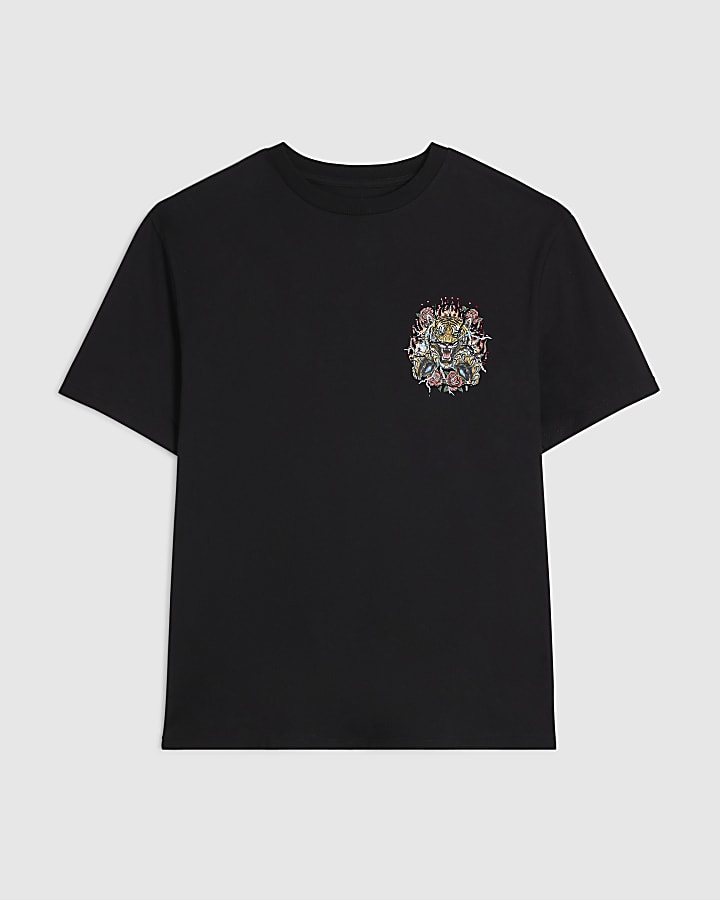 Black Regular Fit Rhinestone Tiger T-Shirt