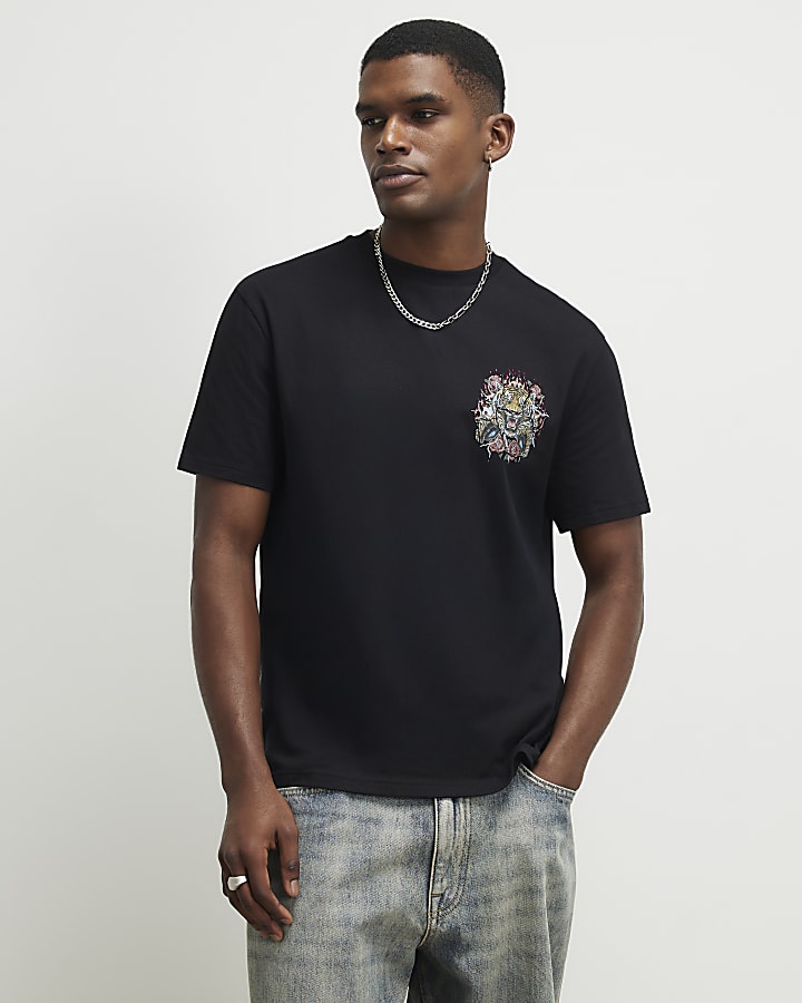 Black Regular Fit Rhinestone Tiger T-Shirt