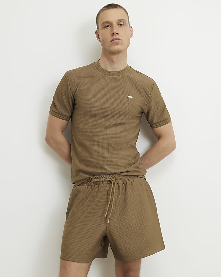 Brown Muscle Fit Textured T-Shirt