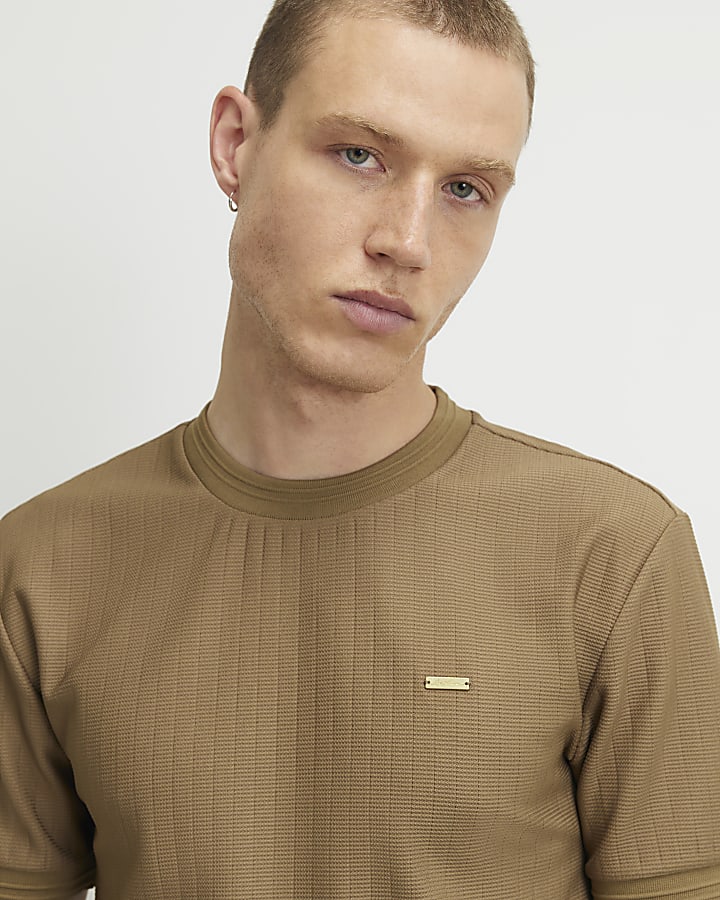 Brown Muscle Fit Textured T-Shirt