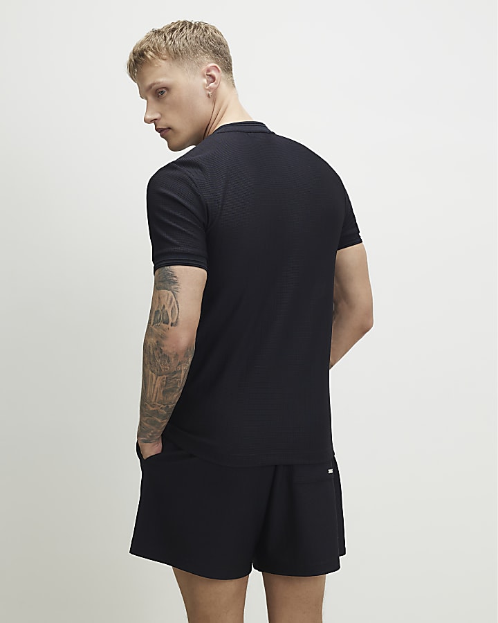Navy Muscle Fit Textured T-Shirt