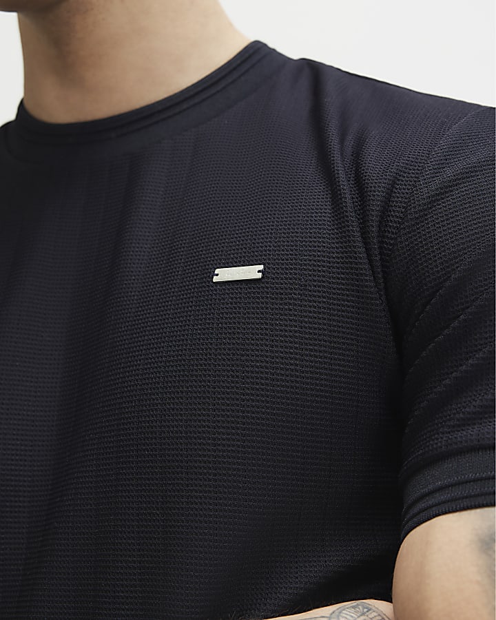 Navy Muscle Fit Textured T-Shirt