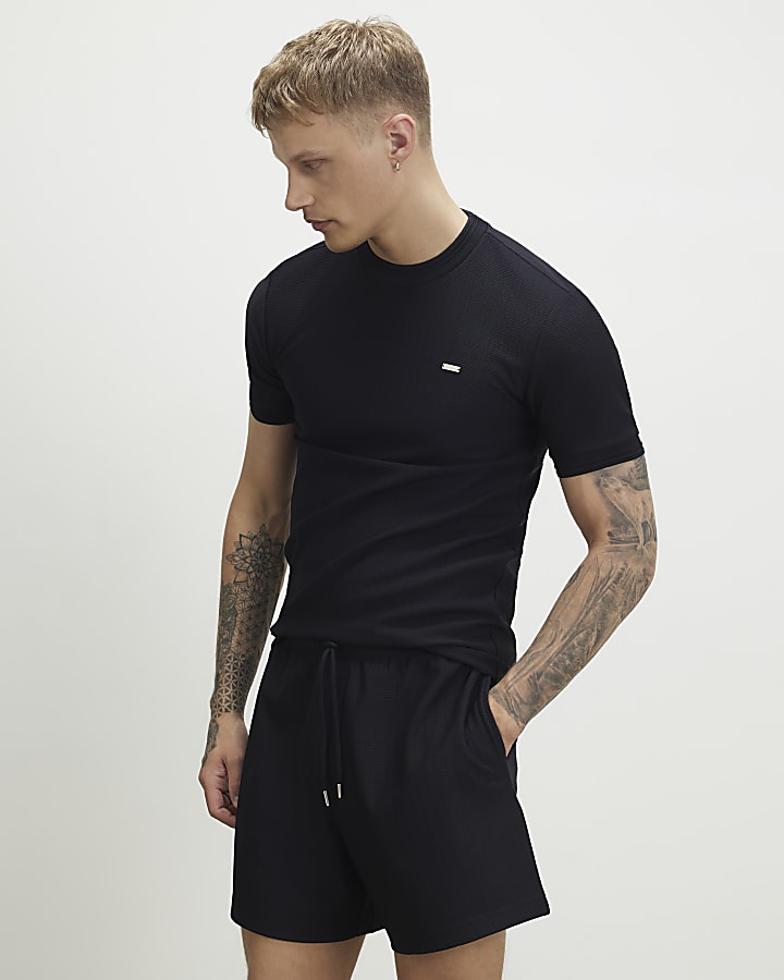Navy Regular Fit Textured Short Length Shorts