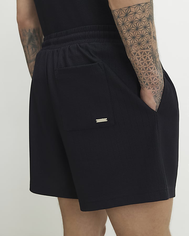 Navy Regular Fit Textured Short Length Shorts