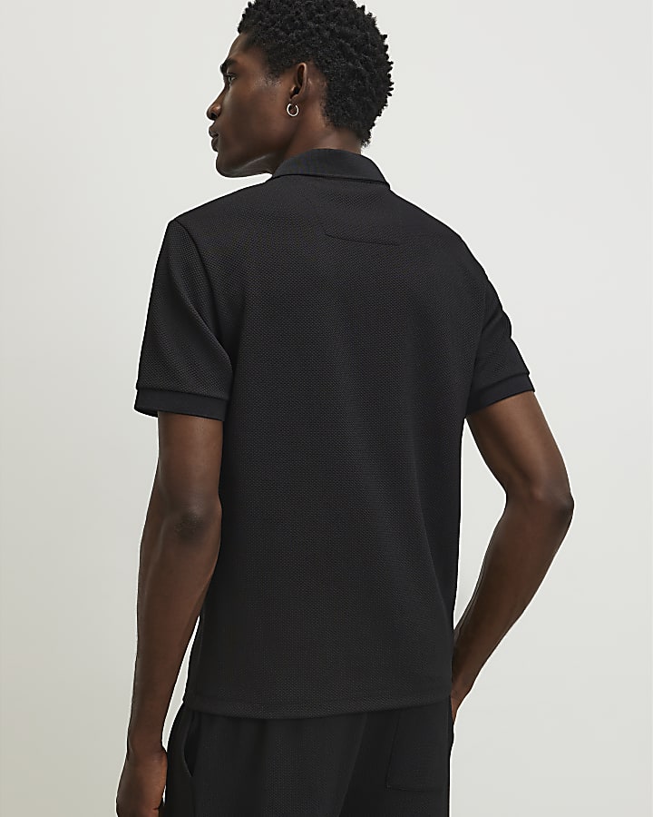 Black Slim Fit Textured Button Polo Shirt