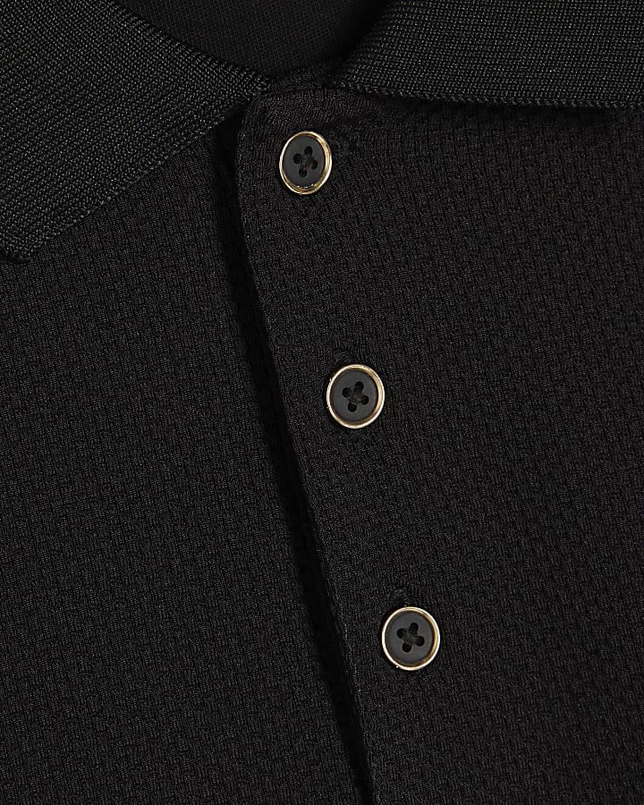 Black Slim Fit Textured Button Polo Shirt