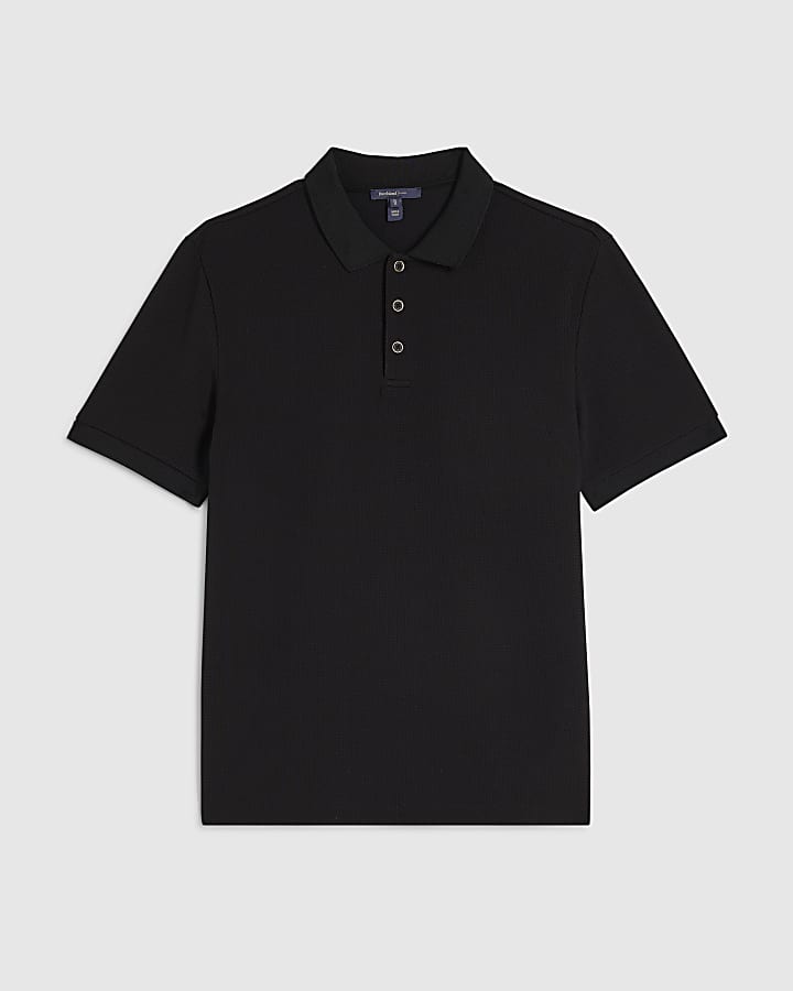 Black Slim Fit Textured Button Polo Shirt