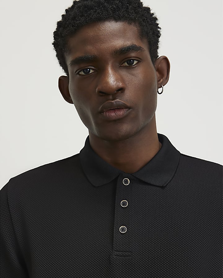 Black Slim Fit Textured Button Polo Shirt